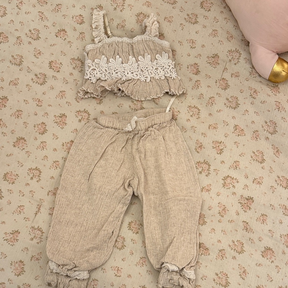 Ooh! La, La! Couture Beige Ruffled Cotton Pants Set